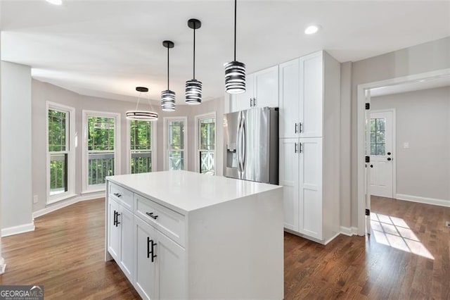 100 Little Ridge Rd, Berkeley Lake, GA 30096 - kitchen featuring stainless steel fridge with ice dispenser, plenty of natural light, white cabinetry, dark wood finished floors, and recessed lighting