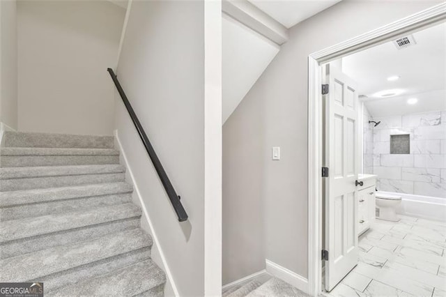 100 Little Ridge Rd, Berkeley Lake, GA 30096 - stairway featuring marble look tiles and recessed lighting