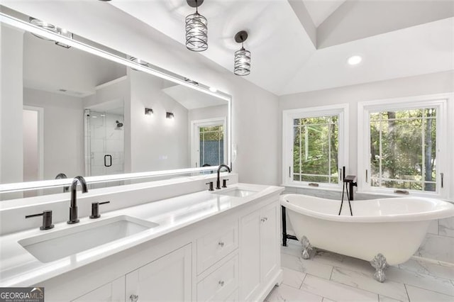 100 Little Ridge Rd, Berkeley Lake, GA 30096 - full bath with marble finish floors, a freestanding bath, a stall shower, double vanity, and recessed lighting
