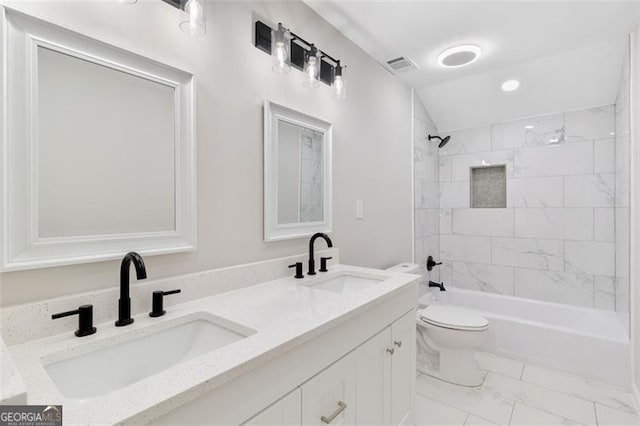 100 Little Ridge Rd, Berkeley Lake, GA 30096 - full bath featuring marble look tiles, double vanity, bathtub / shower combination, and vaulted ceiling