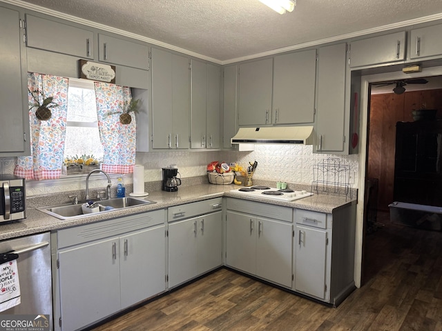 3065 County Road 69, Centre, AL 35960 - kitchen featuring under cabinet range hood, a sink, appliances with stainless steel finishes, a textured ceiling, and gray cabinetry