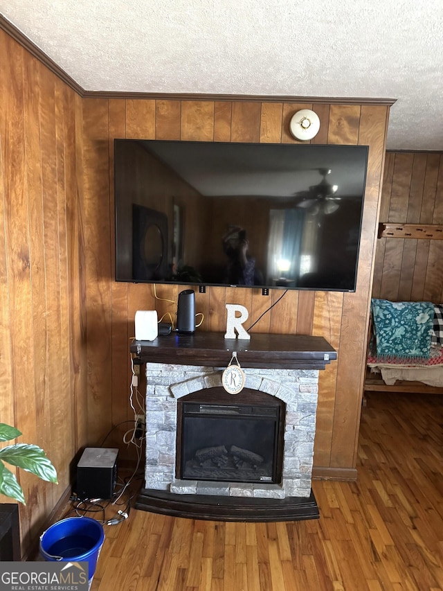 3065 County Road 69, Centre, AL 35960 - detailed view of a textured ceiling, wooden walls, wood finished floors, and a fireplace