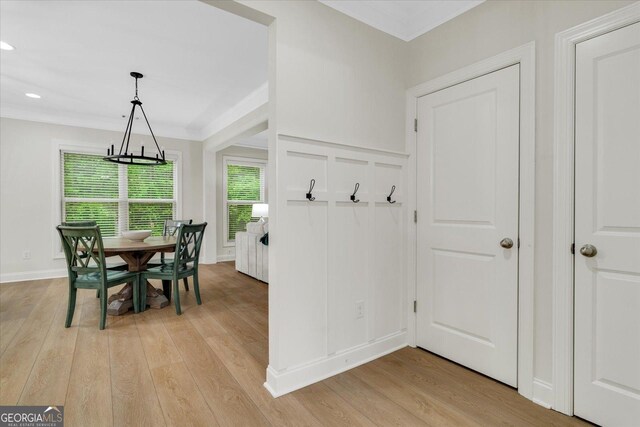 4240 Spring Rdg, Cumming, GA 30028 - dining space featuring a chandelier, light wood-style flooring, ornamental molding, baseboards, and recessed lighting