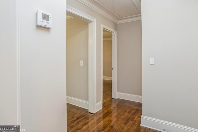 1531 E Broad St, Greensboro, GA 30642 - corridor with crown molding, attic access, baseboards, and dark wood-style flooring