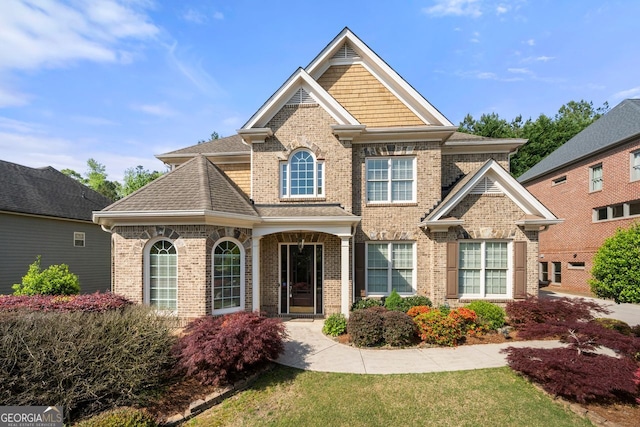 craftsman inspired home featuring a front lawn and brick siding