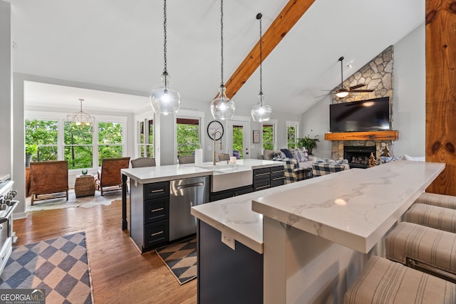 5527 Little River Cir, Gainesville, GA 30506 - kitchen with stainless steel dishwasher, dark cabinets, a sink, ceiling fan with notable chandelier, and a kitchen breakfast bar