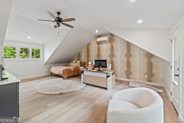5527 Little River Cir, Gainesville, GA 30506 - bedroom featuring a wall unit AC, vaulted ceiling, light wood-style floors, baseboards, and recessed lighting