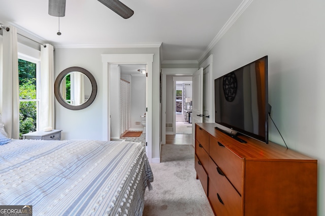 5527 Little River Cir, Gainesville, GA 30506 - bedroom with ornamental molding, light carpet, baseboards, and ceiling fan