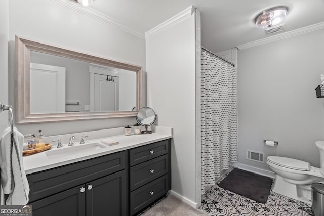 5527 Little River Cir, Gainesville, GA 30506 - full bathroom featuring toilet, crown molding, vanity, baseboards, and a shower with curtain