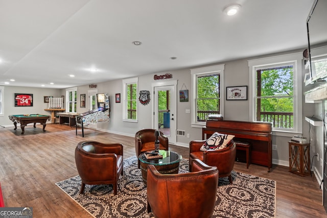 5527 Little River Cir, Gainesville, GA 30506 - living area featuring billiards, wood finished floors, baseboards, and recessed lighting