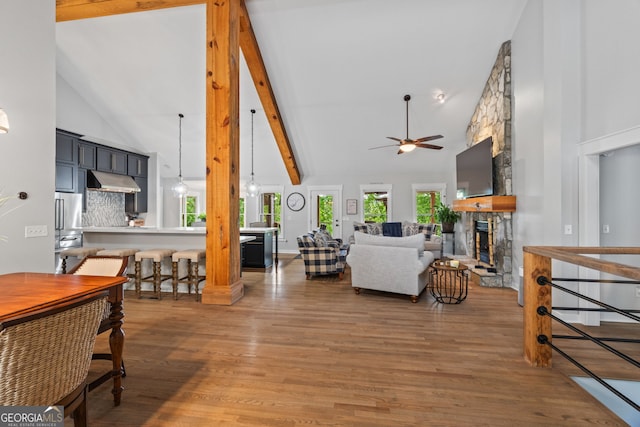 5527 Little River Cir, Gainesville, GA 30506 - living room with high vaulted ceiling, a ceiling fan, wood finished floors, a fireplace, and beam ceiling