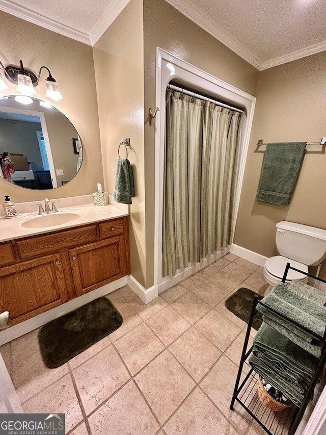 2118 Deer Run Cir, Tifton, GA 31793 - full bathroom featuring ornamental molding, tile patterned floors, vanity, toilet, and curtained shower