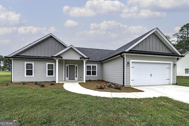 1575 Cabin Creek Trl, Griffin, GA 30223 - ranch-style home with board and batten siding, driveway, a front yard, and a garage