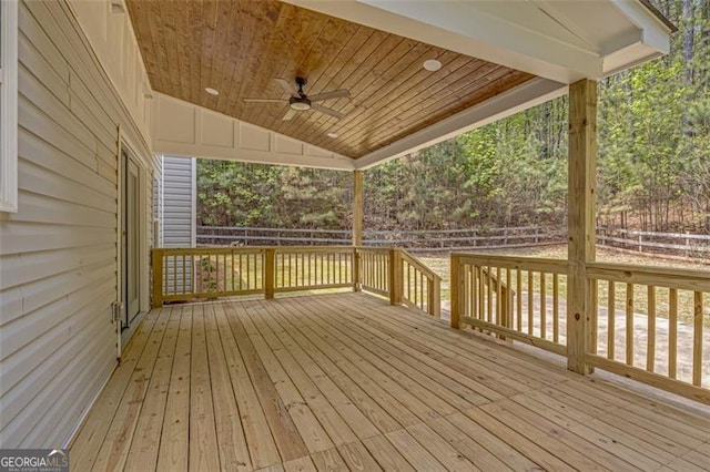 wooden deck featuring ceiling fan and a fenced backyard