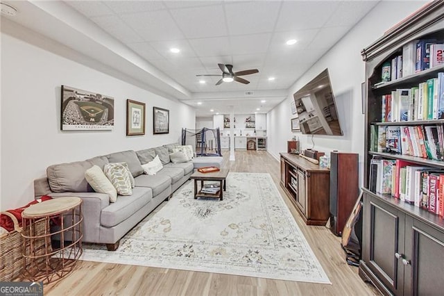 2244 Spink St NW, Atlanta, GA 30318 - living area with a ceiling fan, light wood-style flooring, a drop ceiling, and recessed lighting