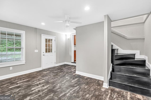 foyer entrance featuring stairway, baseboards, recessed lighting, wood finished floors, and a ceiling fan
