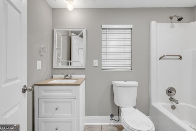 full bathroom featuring shower / tub combination, baseboards, toilet, tile patterned floors, and vanity