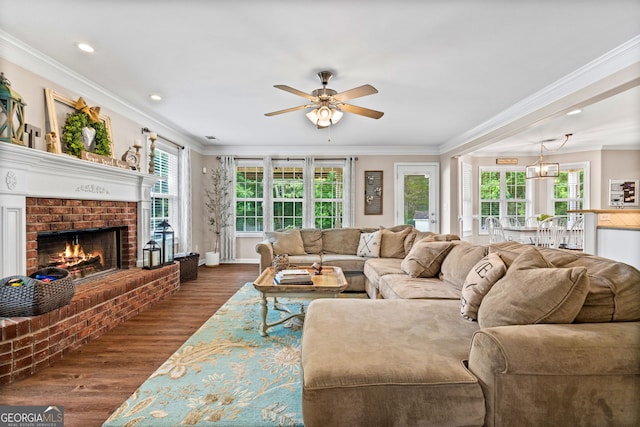 living area with ornamental molding, dark wood-style flooring, a ceiling fan, and a fireplace