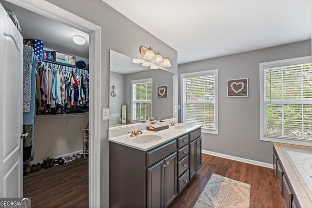 full bathroom featuring baseboards, wood finished floors, a sink, and double vanity