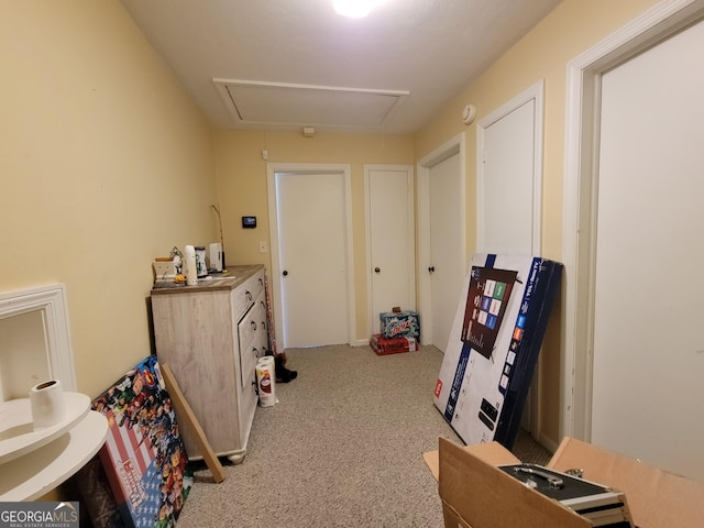 206 New Dr, Claxton, GA 30417 - hall featuring carpet floors and attic access