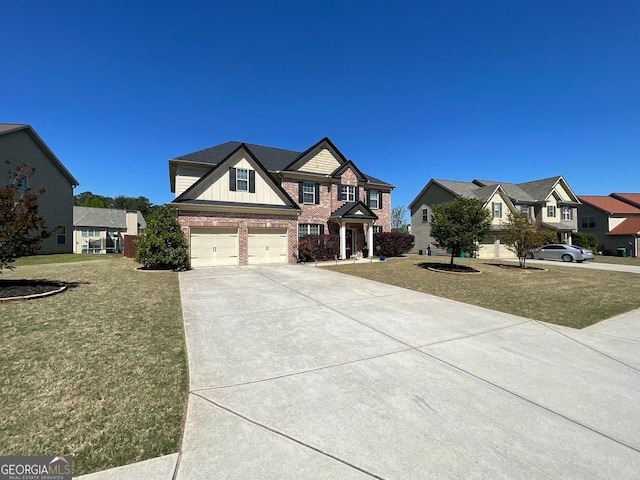 craftsman house featuring board and batten siding, a front yard, a garage, brick siding, and concrete driveway