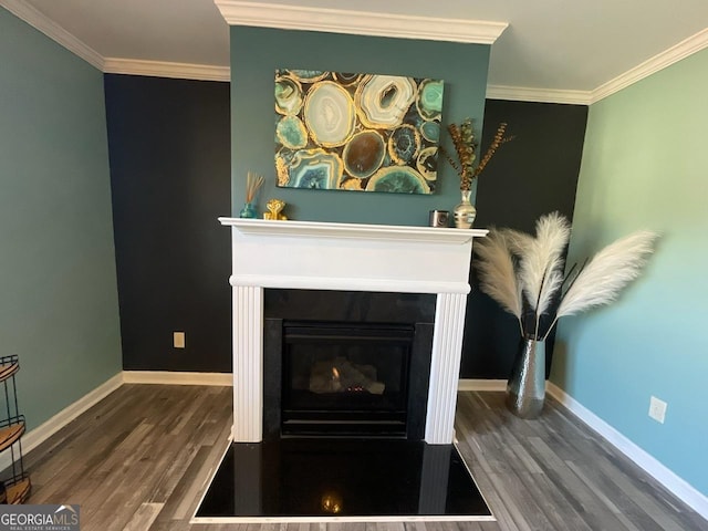 room details featuring crown molding, baseboards, a fireplace with flush hearth, and wood finished floors