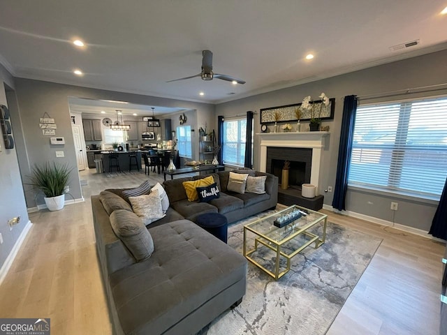 living room with crown molding, visible vents, baseboards, ceiling fan, and light wood-style flooring