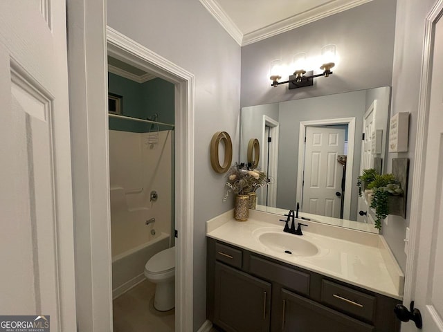 bathroom with crown molding, vanity, toilet, and shower / bath combination