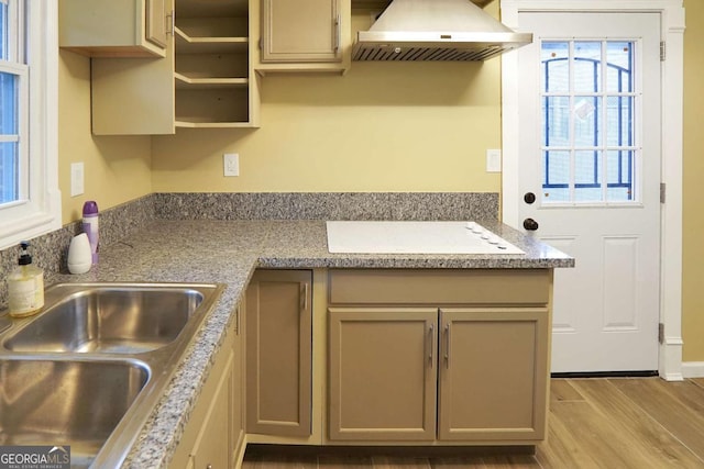 kitchen featuring a sink, extractor fan, gray cabinetry, wood finished floors, and white stovetop