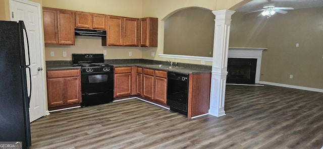 2867 Snapfinger Mnr, Decatur, GA 30035 - kitchen with a sink, dark countertops, a ceiling fan, range hood, and black appliances