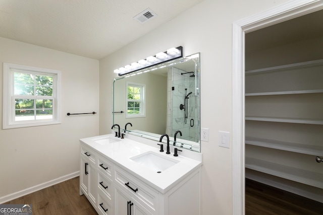 bathroom with wood finished floors, visible vents, baseboards, and a sink