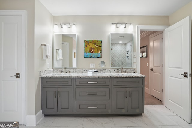104 Glentown Way, Sandy Springs, GA 30328 - full bathroom with double vanity, a sink, marble finish floor, and tiled shower