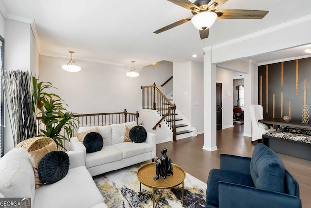 371 Northaven Ave, Suwanee, GA 30024 - living area with wood finished floors, stairway, a ceiling fan, crown molding, and baseboards