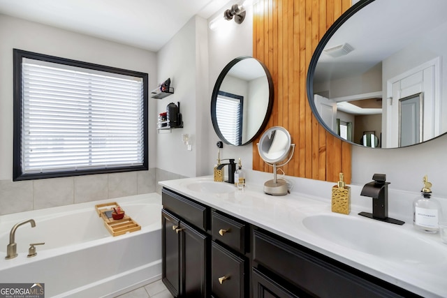 371 Northaven Ave, Suwanee, GA 30024 - bathroom with a garden tub, double vanity, and tile patterned flooring