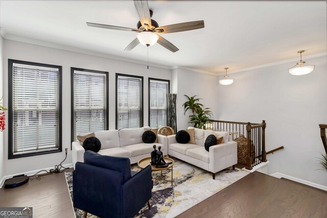 371 Northaven Ave, Suwanee, GA 30024 - living room with ceiling fan, wood finished floors, baseboards, and ornamental molding