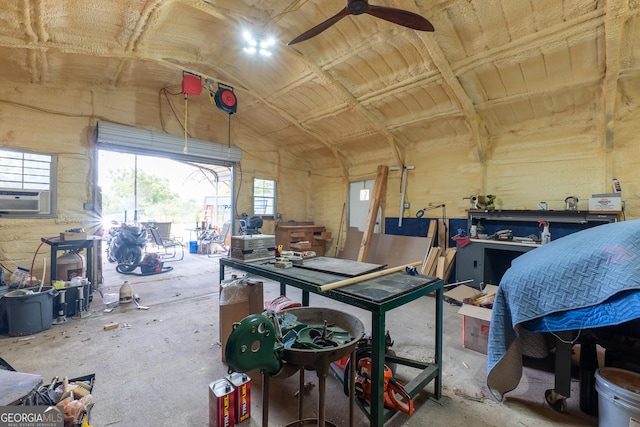 179 Ga Highway 42 S, Knoxville, GA 31050 - misc room featuring unfinished concrete floors, lofted ceiling, cooling unit, and ceiling fan