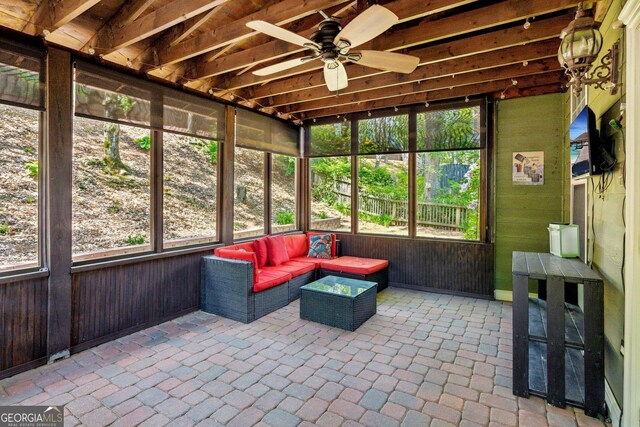 2267 Howell Farms Trl, Acworth, GA 30101 - sunroom featuring a ceiling fan and an outdoor living space