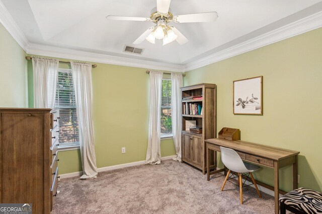 2267 Howell Farms Trl, Acworth, GA 30101 - office area with baseboards, visible vents, light colored carpet, a ceiling fan, and crown molding