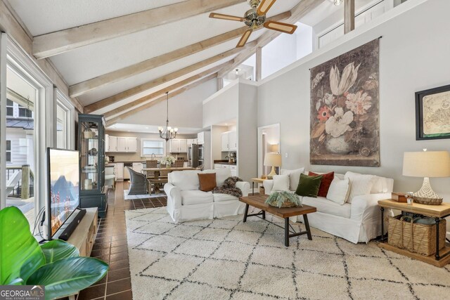 400 Peachtree Pkwy, Peachtree City, GA 30269 - living area featuring beamed ceiling, a chandelier, ceiling fan, high vaulted ceiling, and tile patterned floors