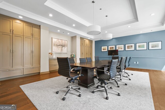 3481 Lakeside Dr NE Unit 601, Atlanta, GA 30326 - home office with crown molding, wood finished floors, a tray ceiling, and recessed lighting