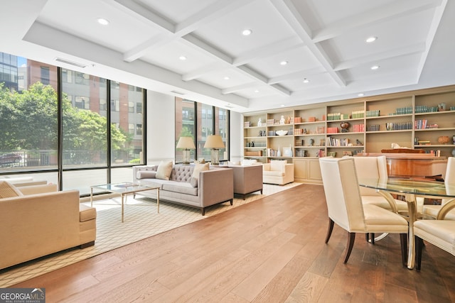 3481 Lakeside Dr NE Unit 601, Atlanta, GA 30326 - living area with wood-type flooring, coffered ceiling, beam ceiling, and recessed lighting