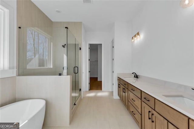 bathroom with a freestanding tub, a sink, a shower stall, and double vanity