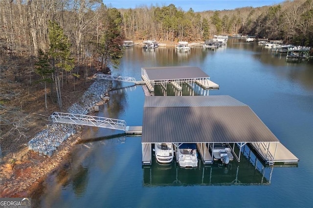 view of dock with a view of trees and a water view