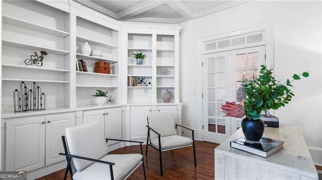 living area featuring dark wood finished floors, crown molding, beam ceiling, and coffered ceiling