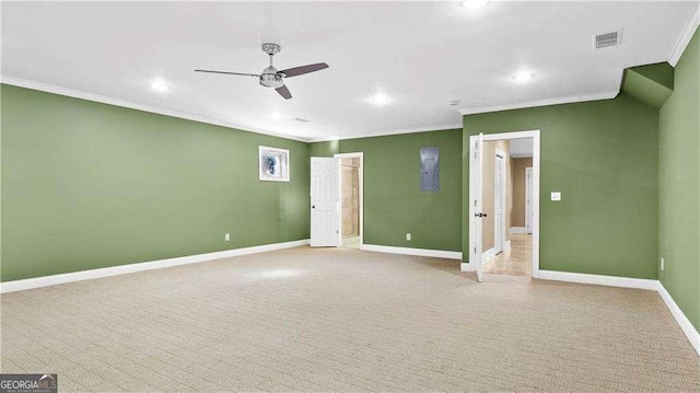 unfurnished bedroom featuring crown molding, baseboards, recessed lighting, light colored carpet, and a ceiling fan