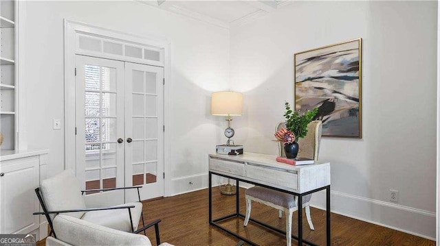 office with french doors, wood finished floors, baseboards, and ornamental molding