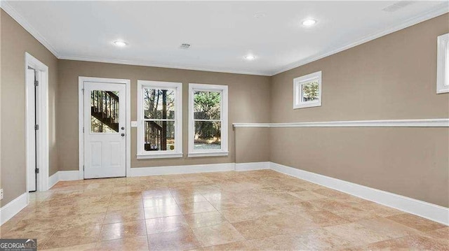 unfurnished room with plenty of natural light, ornamental molding, baseboards, and recessed lighting