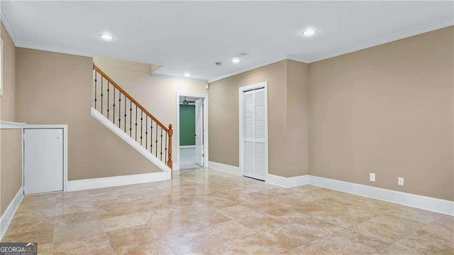unfurnished room with crown molding, stairs, recessed lighting, and baseboards