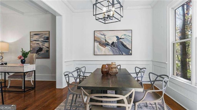dining space with a chandelier, dark wood-style floors, wainscoting, and crown molding
