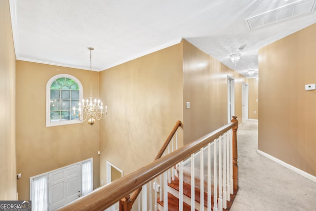 10044 Point View Dr, Jonesboro, GA 30238 - corridor featuring a chandelier, visible vents, baseboards, an upstairs landing, and carpet flooring